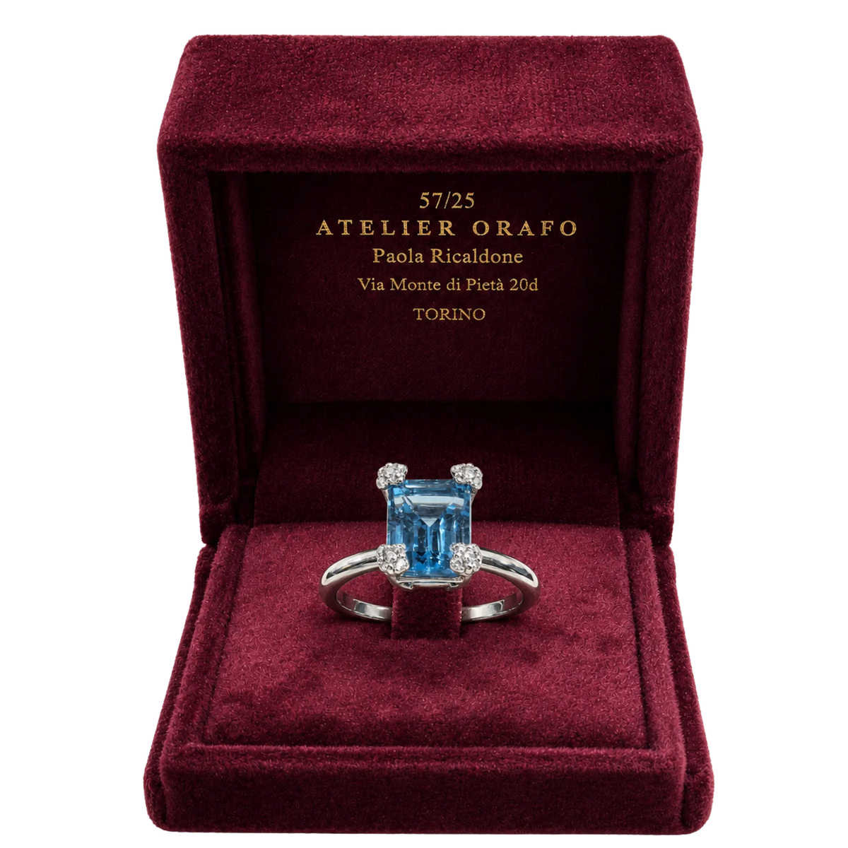 Anello Argento Topazio Azzurro Ottagonale e Zirconi con Scatola | Atelier Orafo | scatola | 2400
