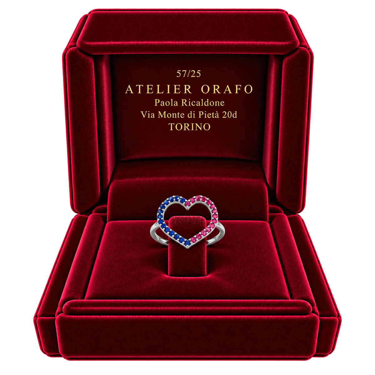 Anello Cuore Oro Bianco 18kt Zaffiri Naturali e Rubini Naturali | Atelier Orafo | scatola2