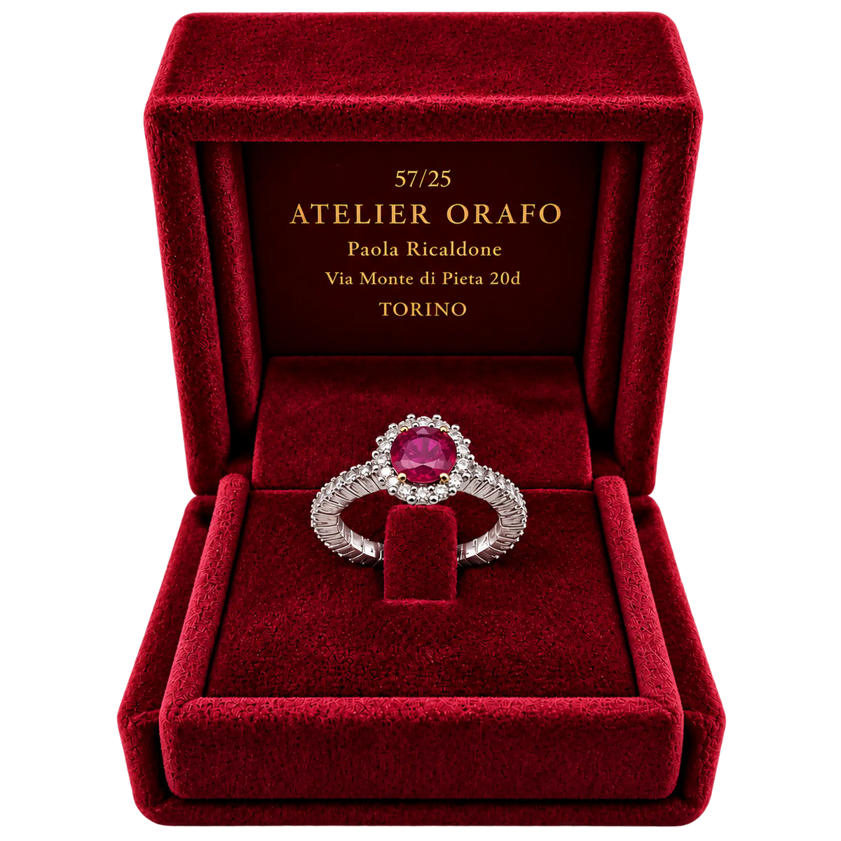 Anello Elastico Oro 18kt Diamanti e Rubini Naturali | Atelier Orafo | scatola
