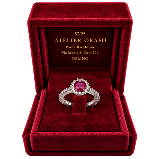 Anello Elastico Oro 18kt Diamanti e Rubini Naturali | Atelier Orafo | scatola