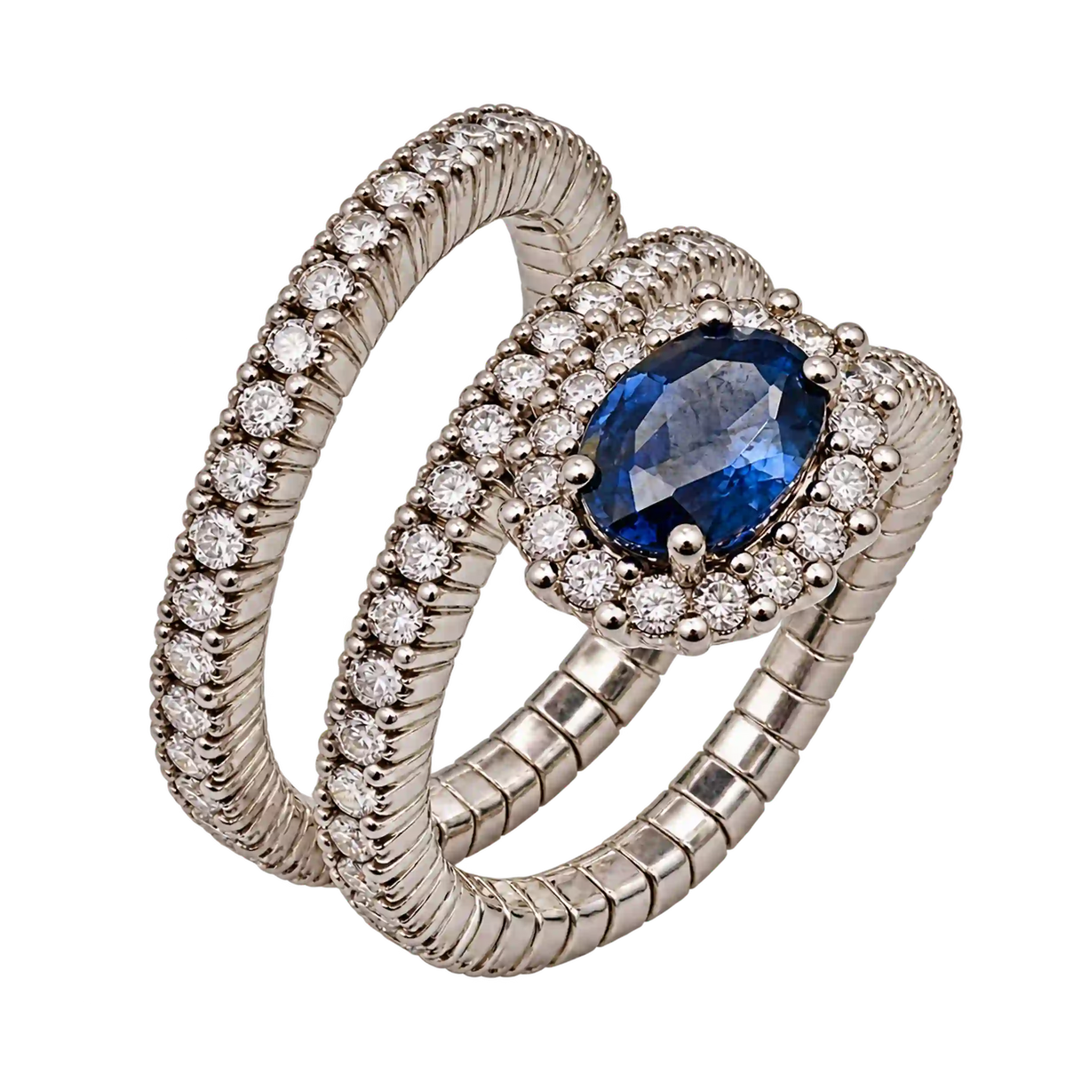 Anello Elastico Oro Bianco 18kt Diamanti e Zaffiri Naturali | Atelier Orafo | nudo4