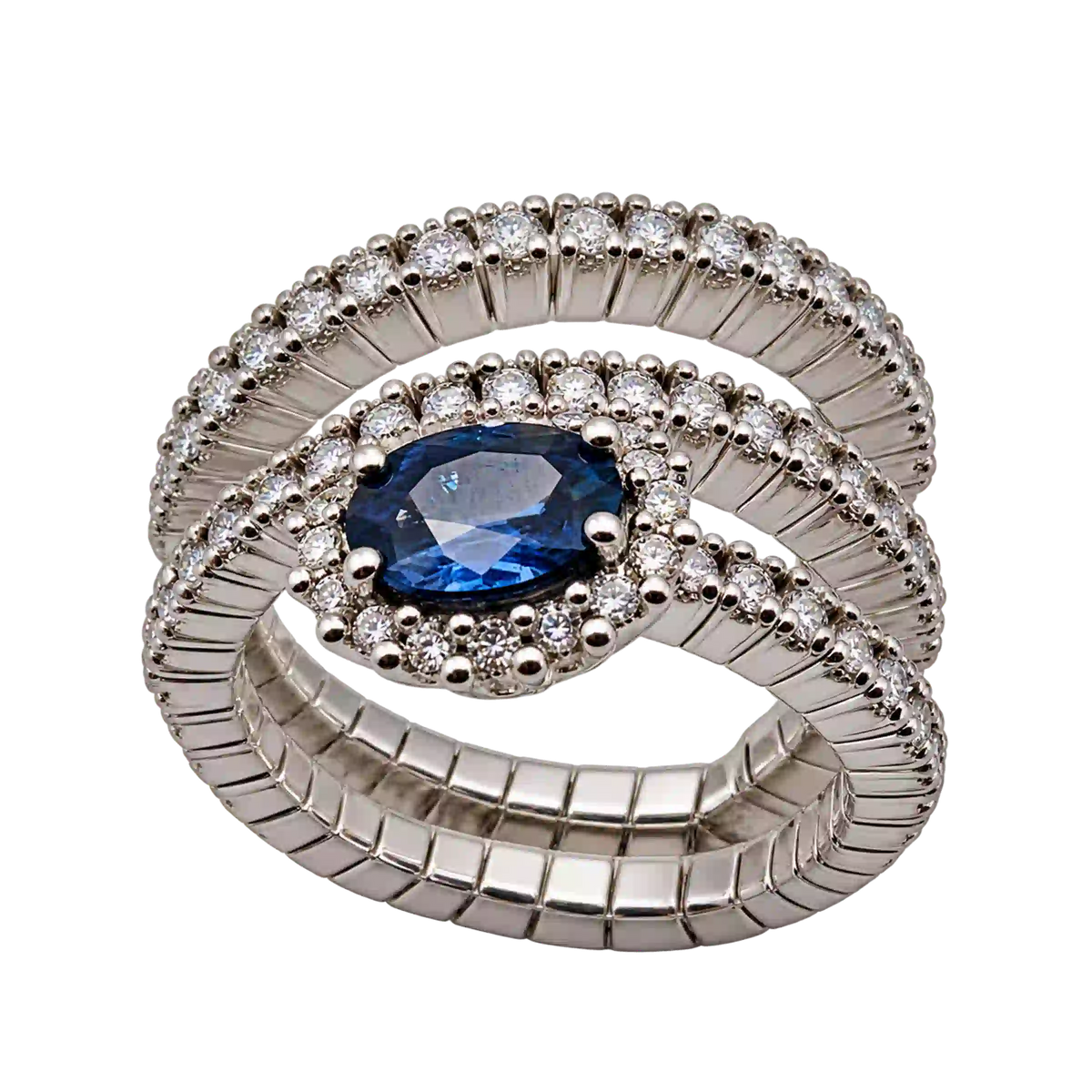 Anello Elastico Oro Bianco 18kt Diamanti e Zaffiri Naturali | Atelier Orafo | nudo6