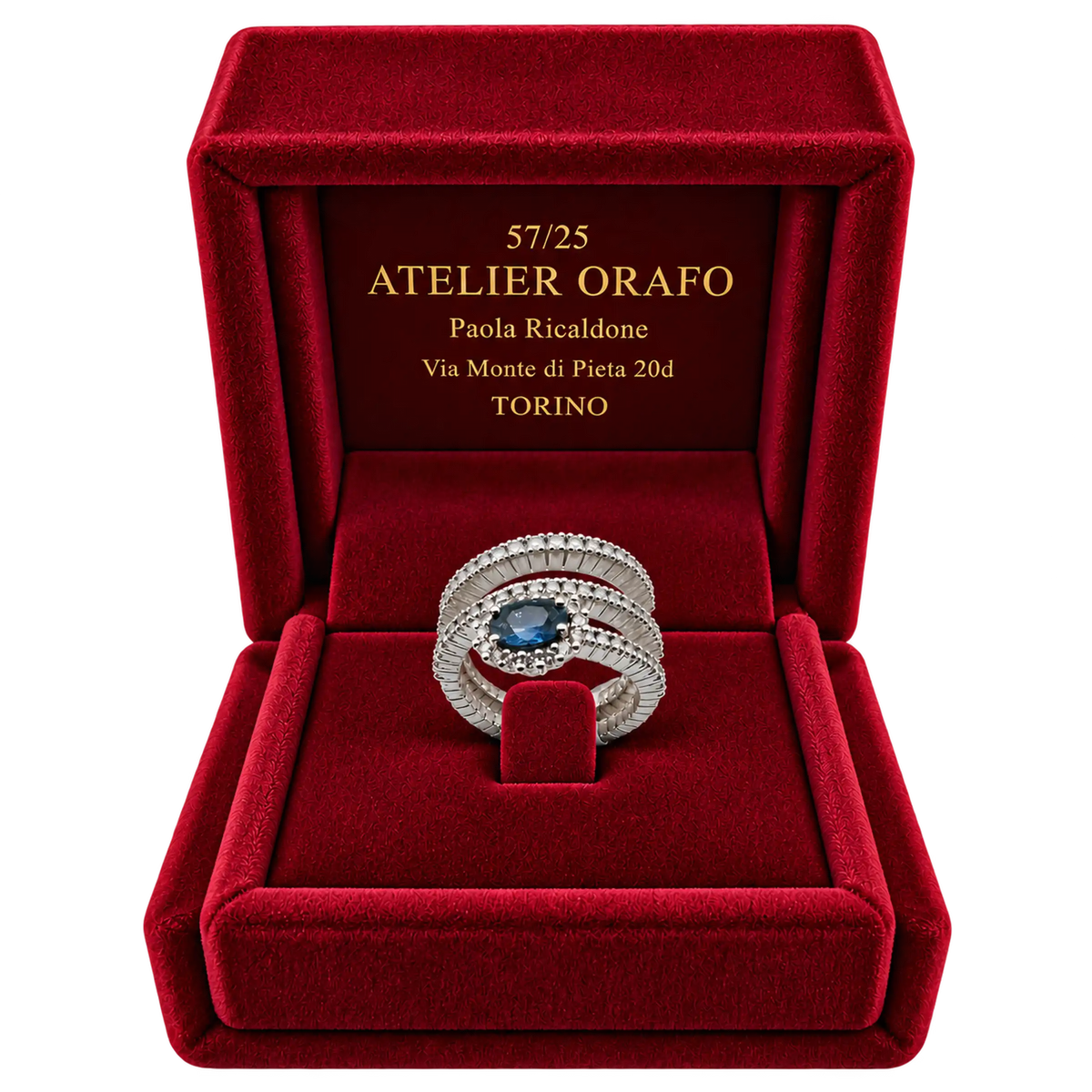 Anello Elastico Oro Bianco 18kt Diamanti e Zaffiri Naturali | Atelier Orafo | scatola