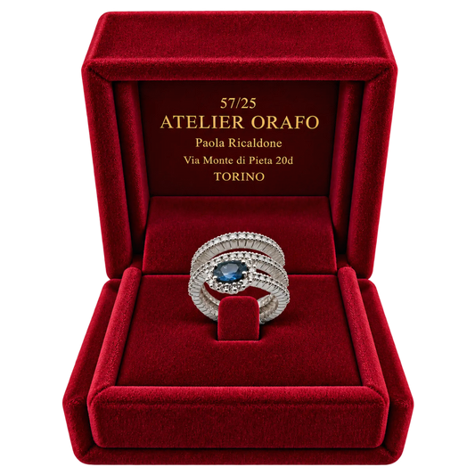 Anello Elastico Oro Bianco 18kt Diamanti e Zaffiri Naturali | Atelier Orafo | scatola