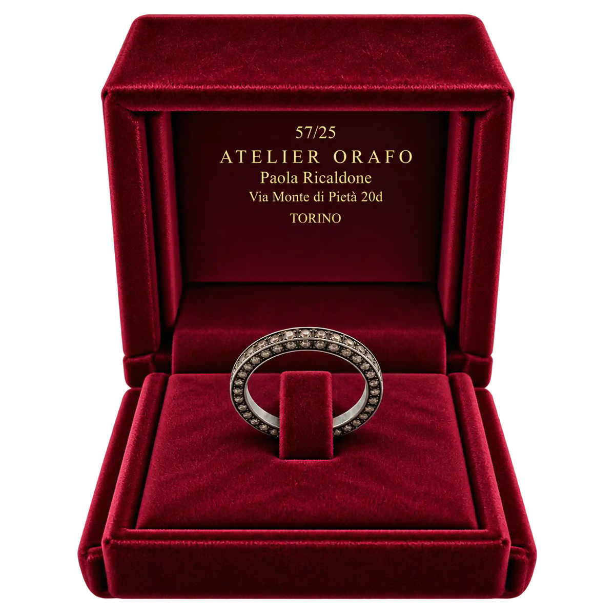 Anello Eternity Oro Bianco 18kt Brunito con Diamanti Naturali Brown | Atelier Orafo | scatola