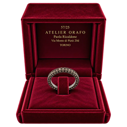 Anello Eternity Oro Bianco 18kt Brunito con Diamanti Naturali Brown | Atelier Orafo | scatola