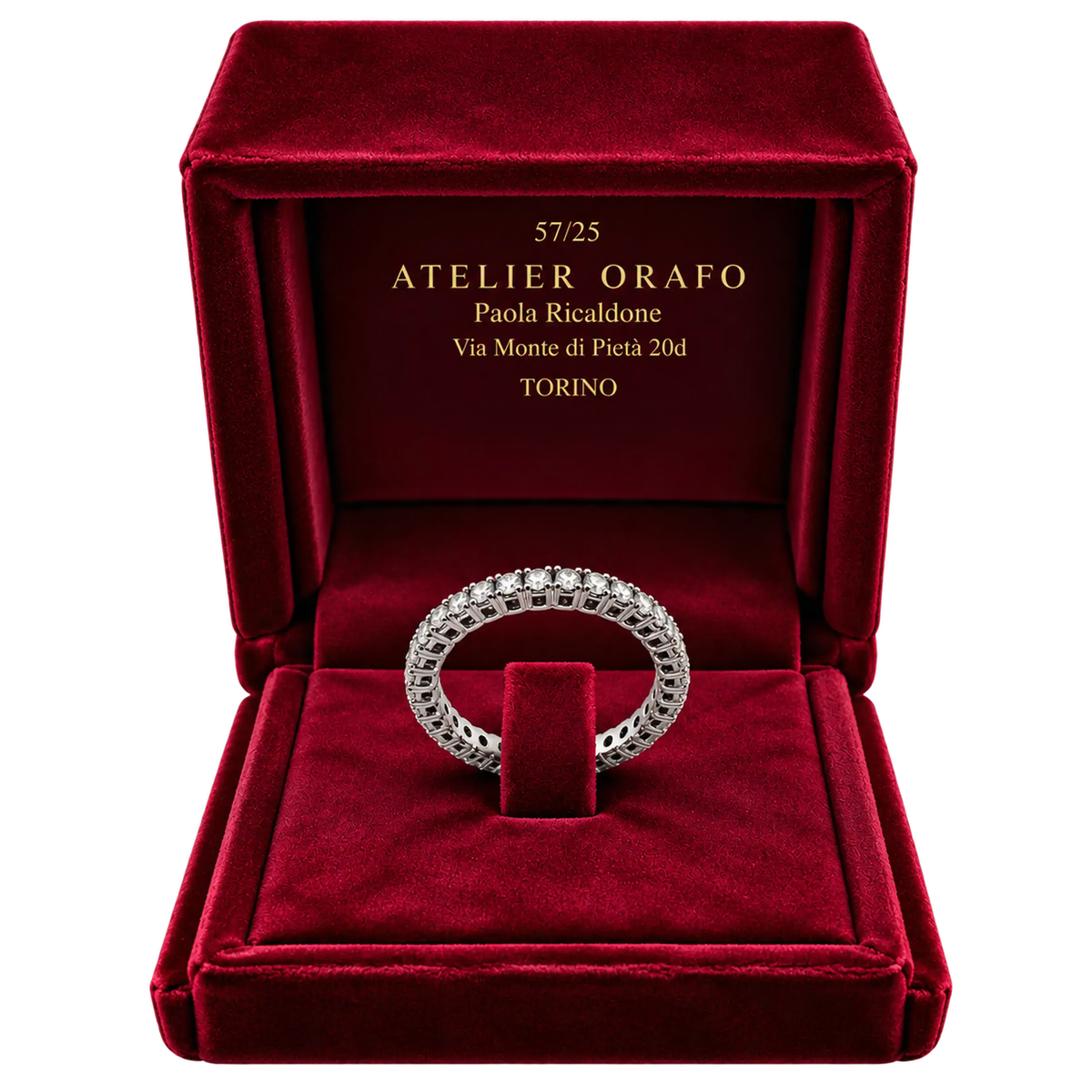 Anello Eternity Oro Bianco 18kt con Diamanti Naturali griff | Atelier Orafo | scatola
