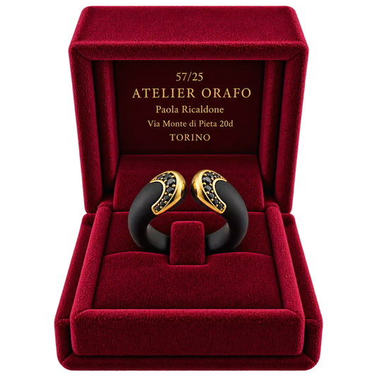 Anello Fascia Titanio Oro 18kt Diamanti Neri Naturali | Atelier Orafo | scatola