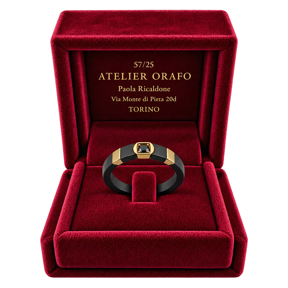 Anello Fede Titanio Oro 18kt Diamante Nero Naturale | Atelier Orafo | scatola