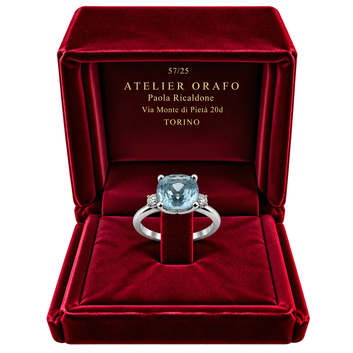 Anello Oro Bianco 18kt Diamanti Naturali Acqua Marina Naturale | Atelier Orafo | scatola