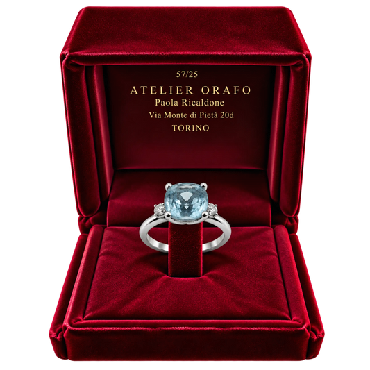 Anello Oro Bianco 18kt Diamanti Naturali Acqua Marina Naturale | Atelier Orafo | scatola
