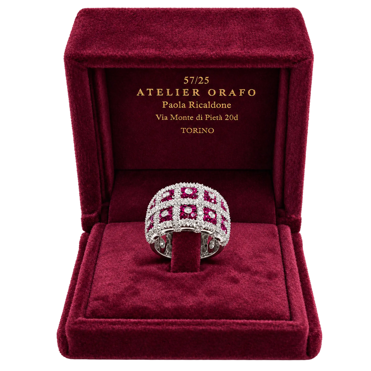 Anello Oro Bianco 18 kt con Rubini Naturali  e Diamanti naturali con scatola | Atelier Orafo | Scatola | 2400