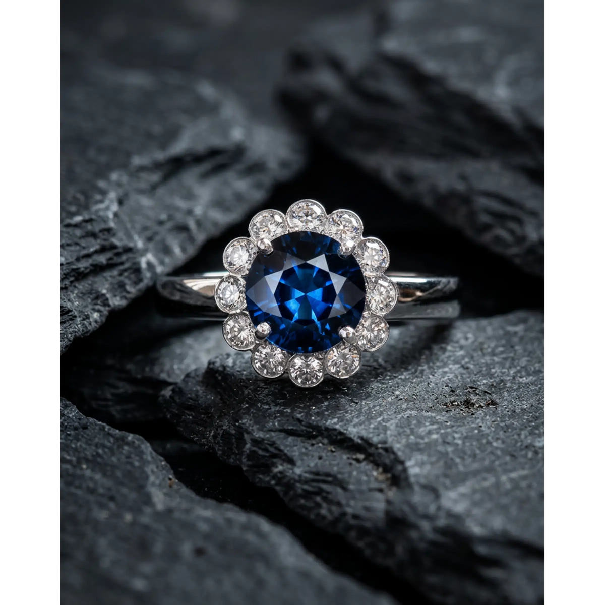 Anello Oro Bianco 18 kt con Zaffiro Naturale NTE certificato e Diamanti naturali | Atelier Orafo | Ardesia | 2400