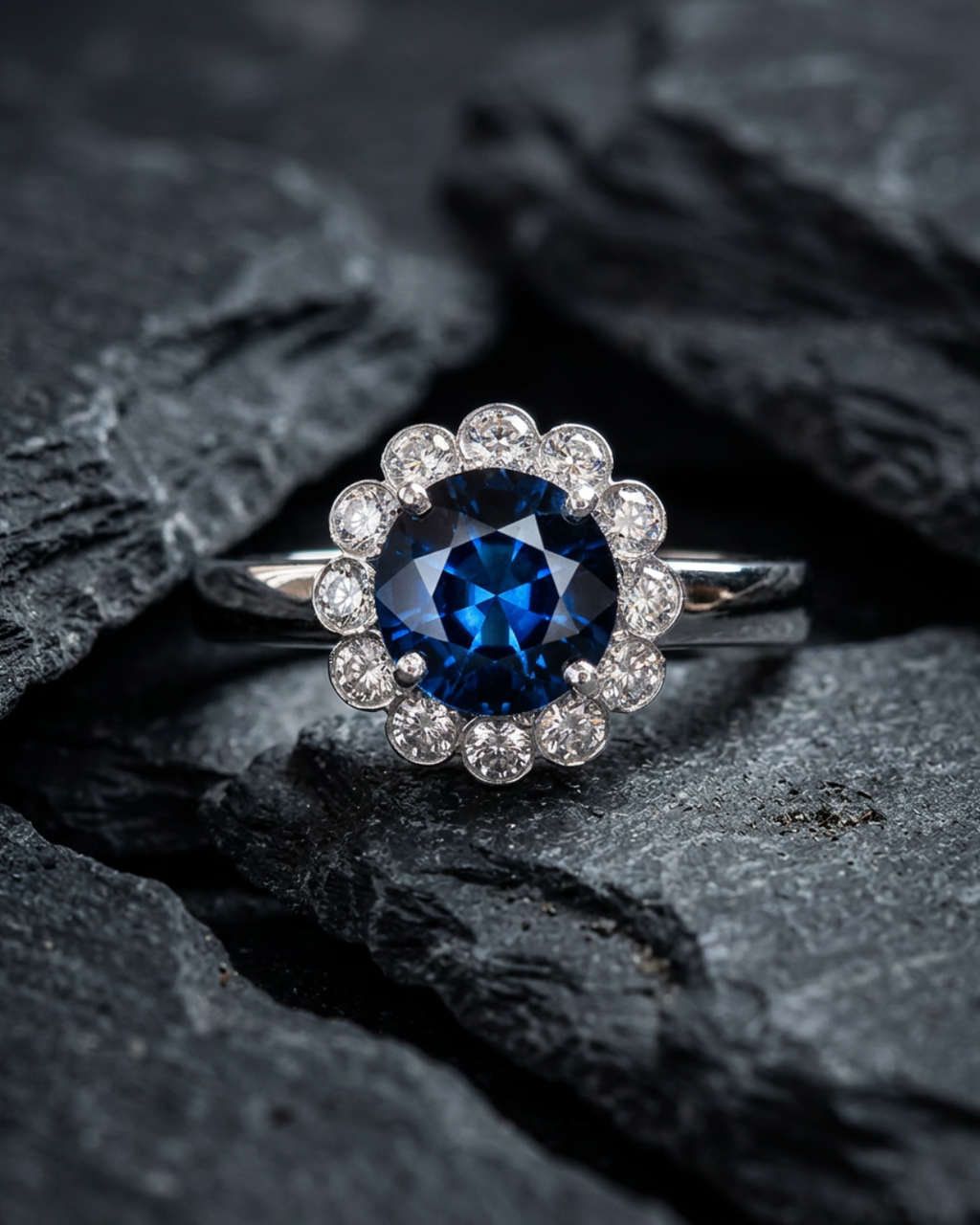 Anello Oro Bianco 18 kt con Zaffiro Naturale NTE certificato e Diamanti naturali | Atelier Orafo | Ardesia
