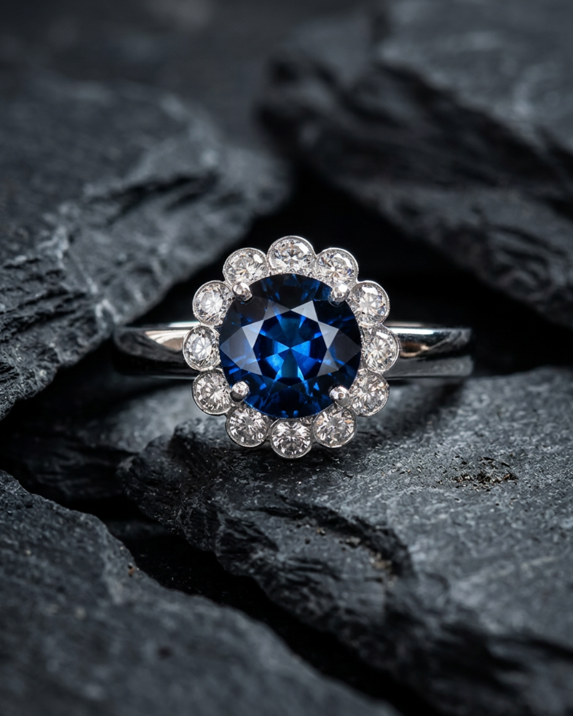 Anello Oro Bianco 18 kt con Zaffiro Naturale NTE certificato e Diamanti naturali | Atelier Orafo | Ardesia