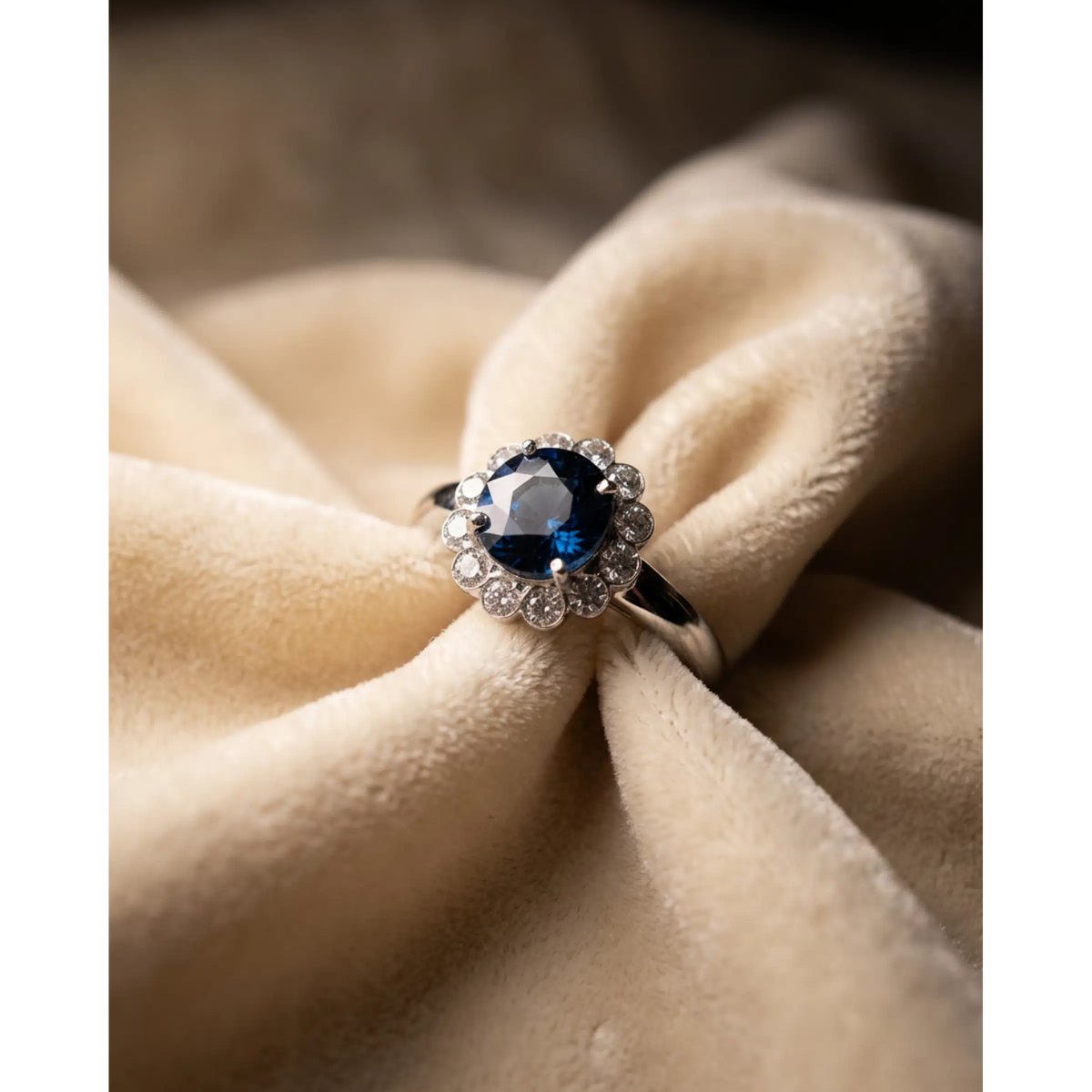 Anello Oro Bianco 18 kt con Zaffiro Naturale NTE certificato e Diamanti naturali | Atelier Orafo | Velluto | 2400