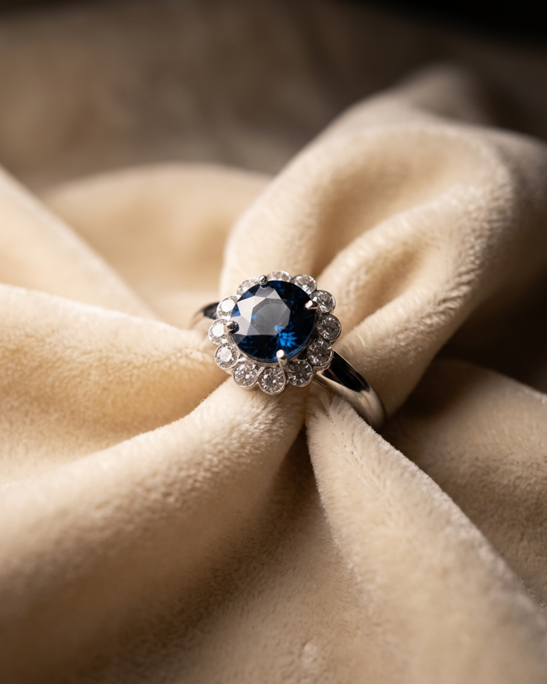 Anello Oro Bianco 18 kt con Zaffiro Naturale NTE certificato e Diamanti naturali | Atelier Orafo | Velluto