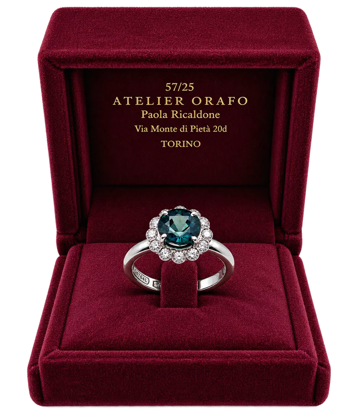 Anello Oro Bianco 18kt con Zaffiro naturale NTE certificato e Diamanti Naturali con scatola | Atelier Orafo | scatola6 | tras | 2400