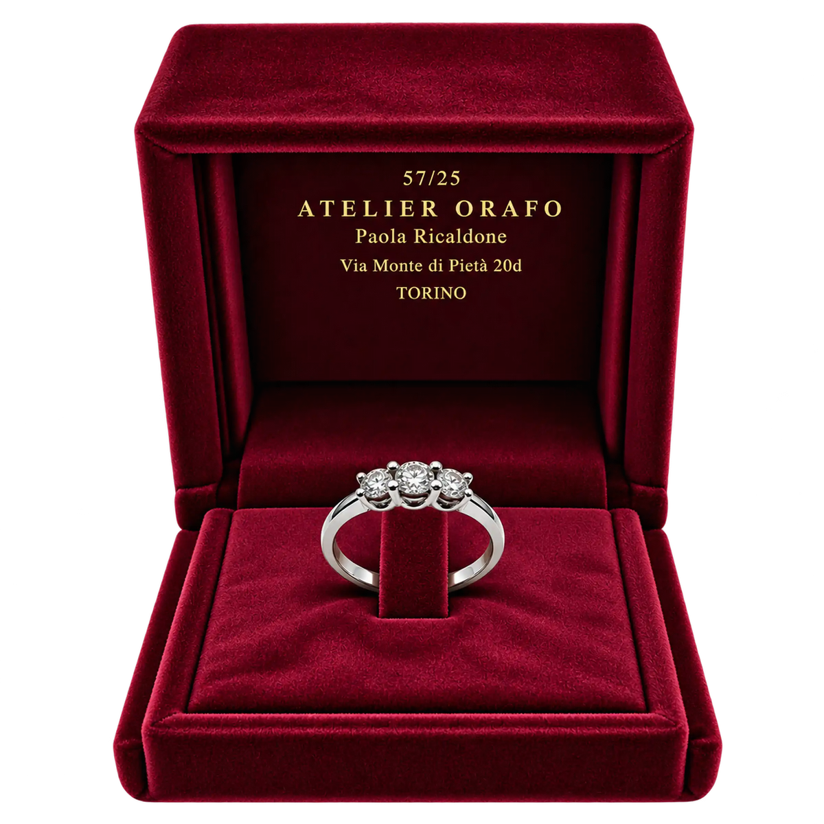 Anello Trilogy Oro Bianco 18kt con Diamanti Naturali | Atelier Orafo | scatola
