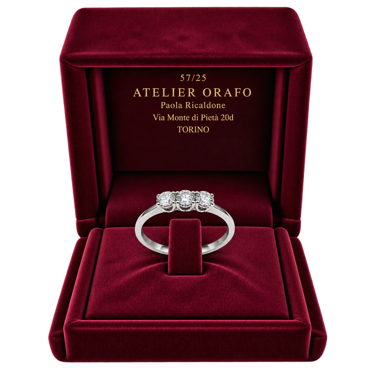 Anello Trilogy Oro Bianco 18kt con Diamanti Naturali | Atelier Orafo | scatola