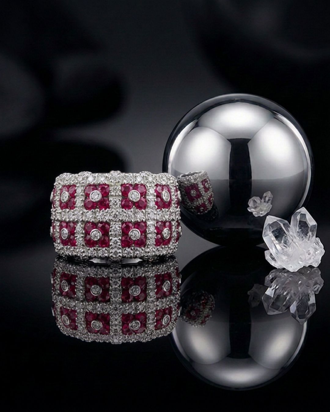 Anello Oro Bianco 18 kt con Rubini Naturali e Diamanti naturali | Atelier Orafo | sfera