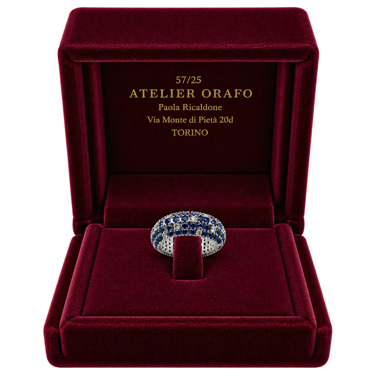 Anello Oro Bianco 18 kt con Zaffiri Naturali  e Diamanti naturali | Atelier Orafo | scatola | 2400