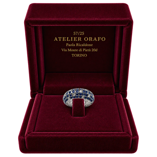 Anello Oro Bianco 18 kt con Zaffiri Naturali  e Diamanti naturali | Atelier Orafo | scatola | 2400