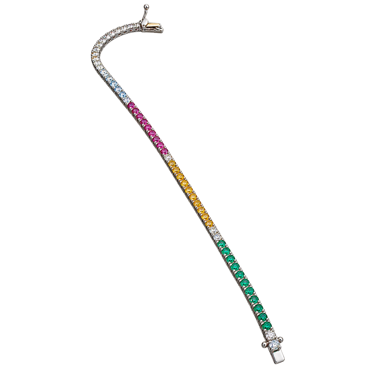 Bracciale Tennis in Oro Bianco 18kt con Diamanti e
Zaffiri Multicolor e Rubini e Smeraldi | Atelier Orafo | nudo