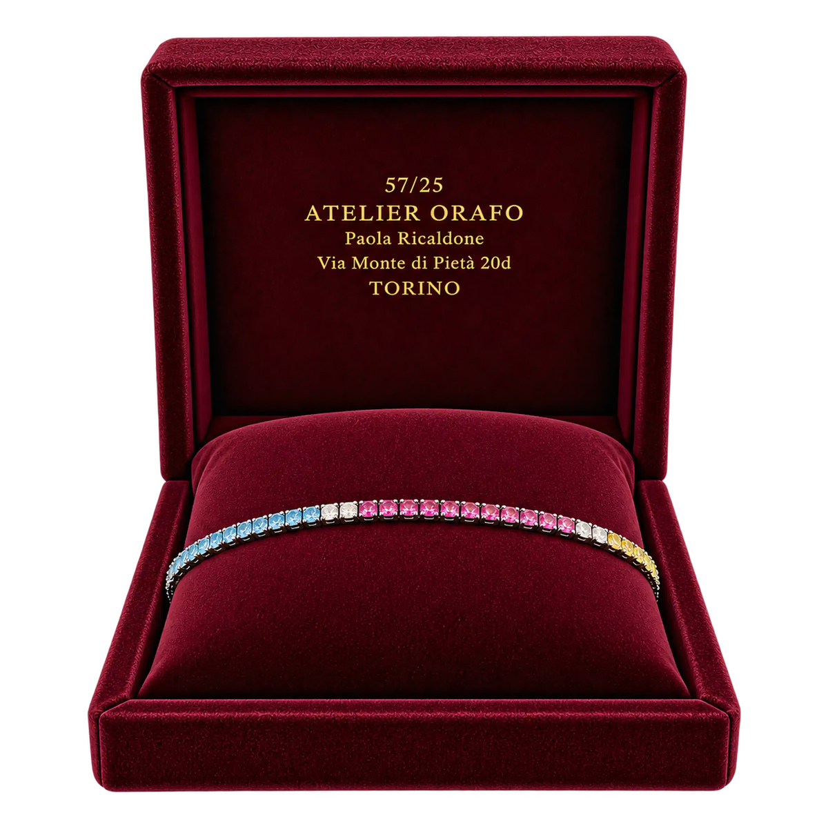 Bracciale Tennis in Oro Bianco 18kt con Diamanti e
Zaffiri Multicolor e Rubini e Smeraldi | AtelierOrafo | scatola