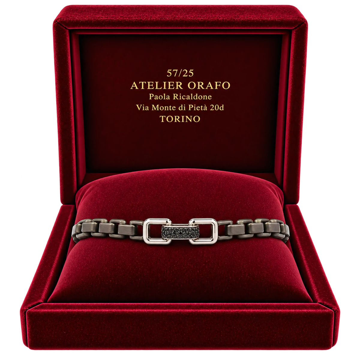 Bracciale Titanio Grigio Oro 18kt Diamanti Neri Naturali | Atelier Orafo | scatola