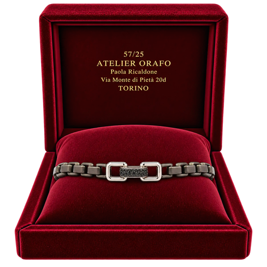 Bracciale Titanio Grigio Oro 18kt Diamanti Neri Naturali | Atelier Orafo | scatola