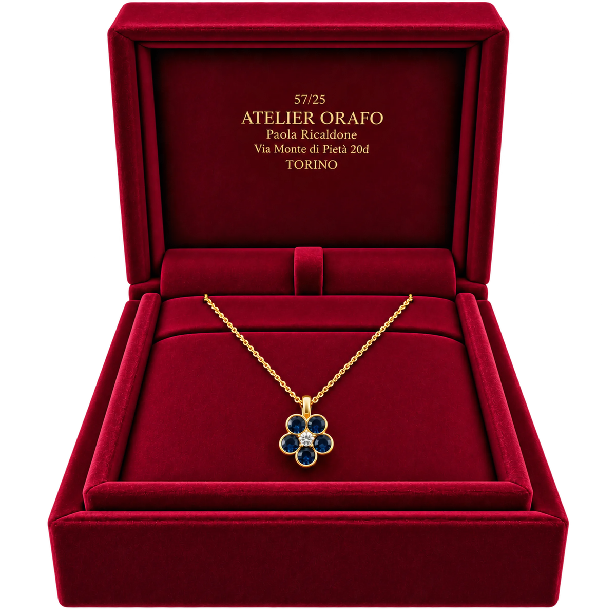 Catenina con Ciondolo Oro 9kt Diamante e Zaffiri Naturali | Atelier Orafo | scatola