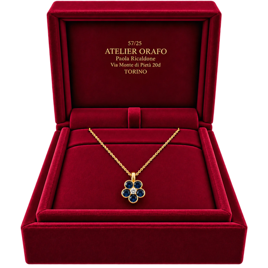 Catenina con Ciondolo Oro 9kt Diamante e Zaffiri Naturali | Atelier Orafo | scatola