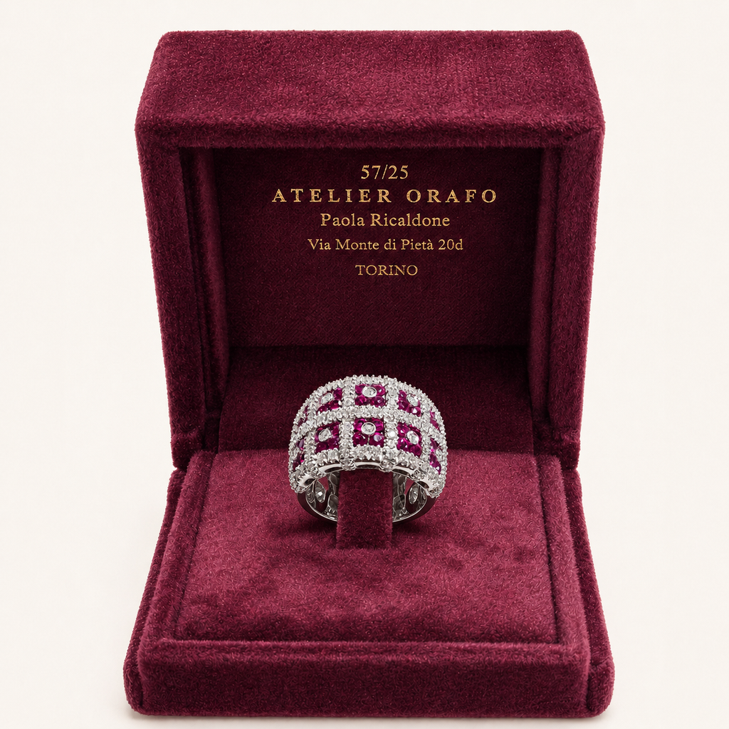 Anello in Oro Bianco 18 kt con Rubini Naturali e Diamanti