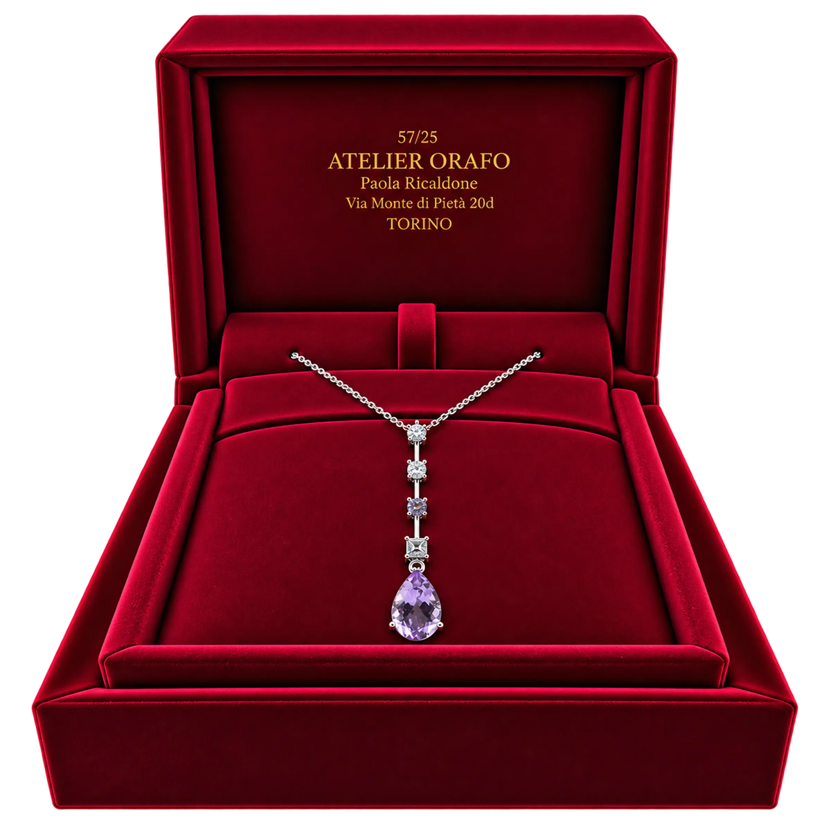 Collana Argento 925 Ametista Naturale Goccia Zirconi | Atelier Orafo | scatola
