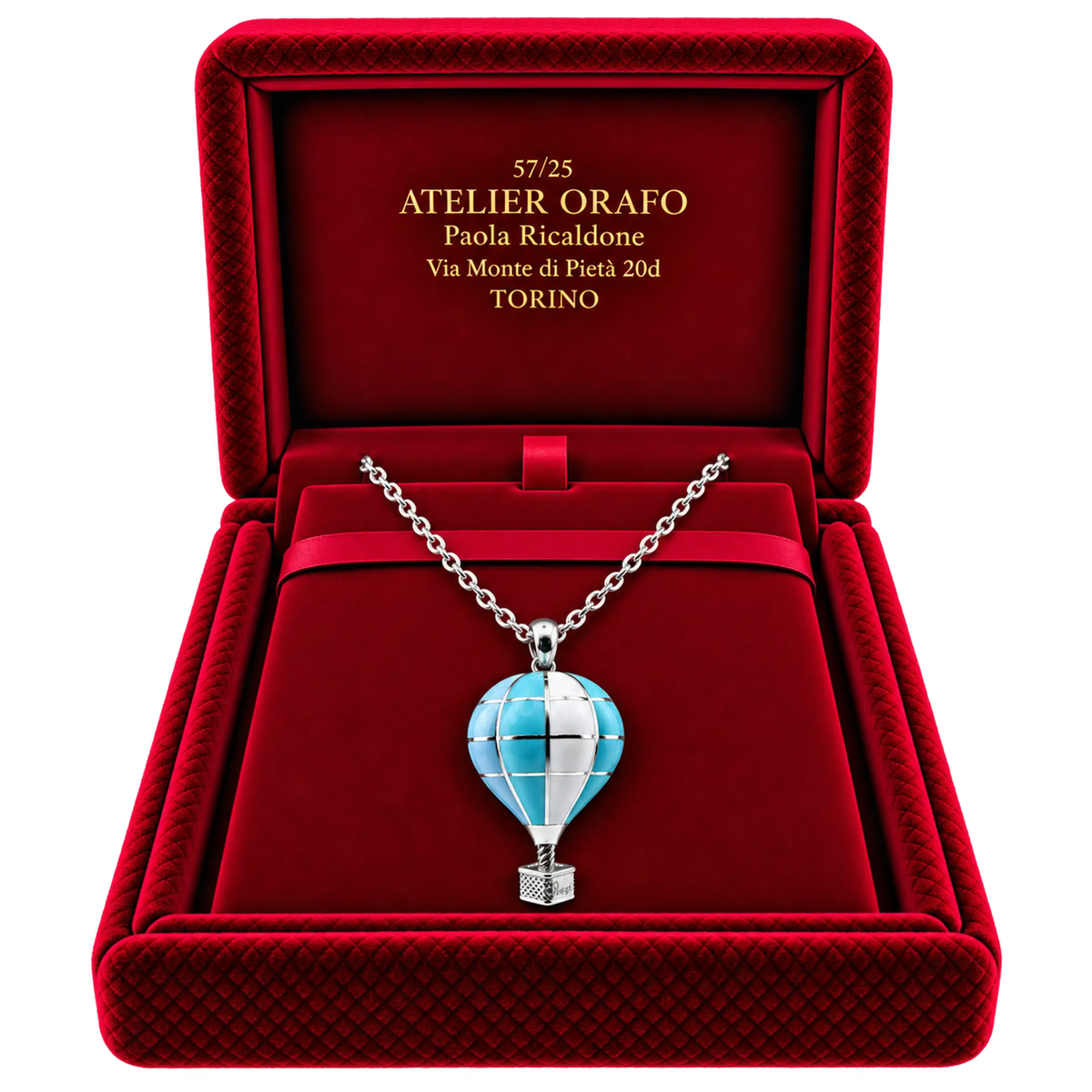 Collana Ciondolo Mongolfiera Media Argento 925 Hyceram Azzurro Turchese | Atelier Orafo | scatola