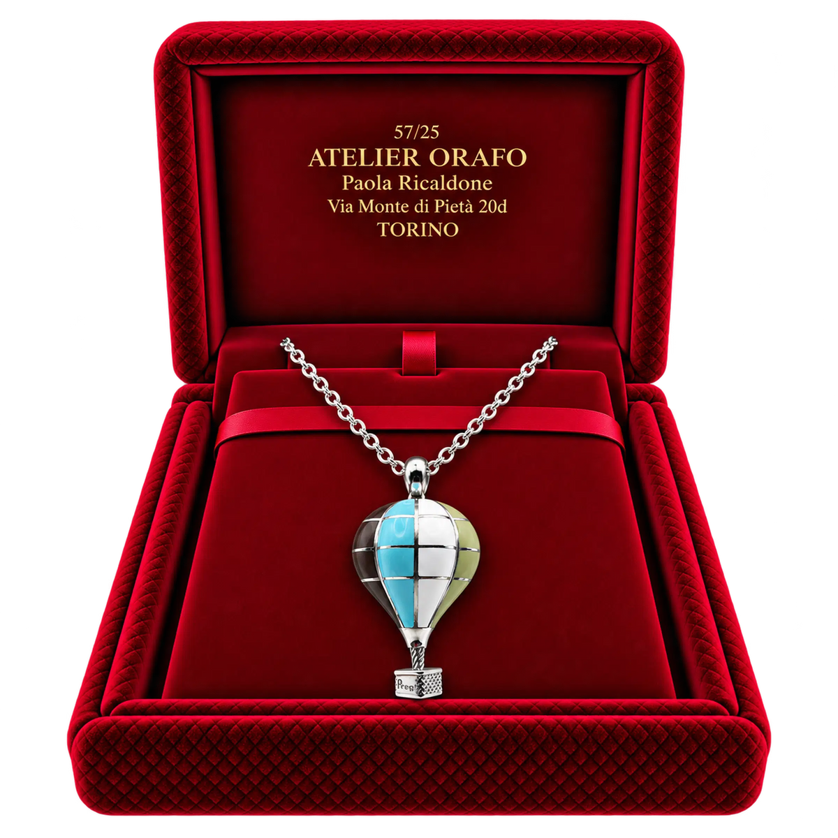 Collana Ciondolo Mongolfiera Media Argento 925 Hyceram Cacao Verde Azzurro | Atelier Orafo | scatola
