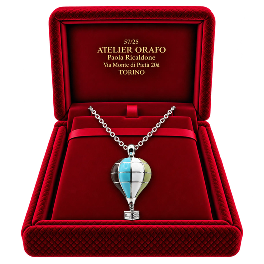 Collana Ciondolo Mongolfiera Media Argento 925 Hyceram Cacao Verde Azzurro | Atelier Orafo | scatola