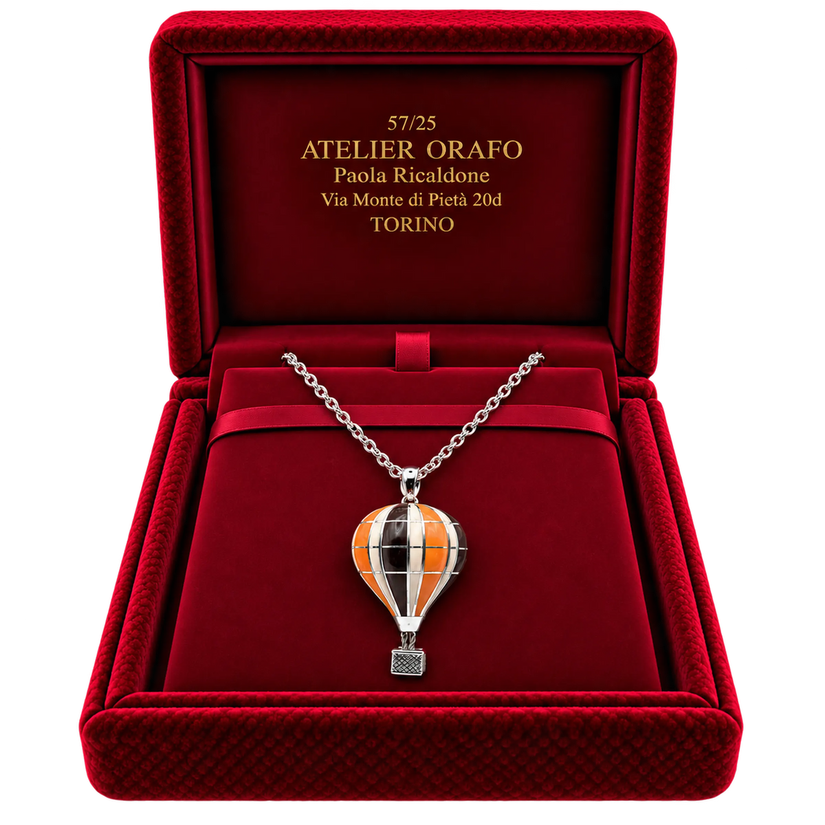 Collana Mongolfiera Gramde Argento 925 Hyceram Arancione Cacao | Atelier Orafo | scatola