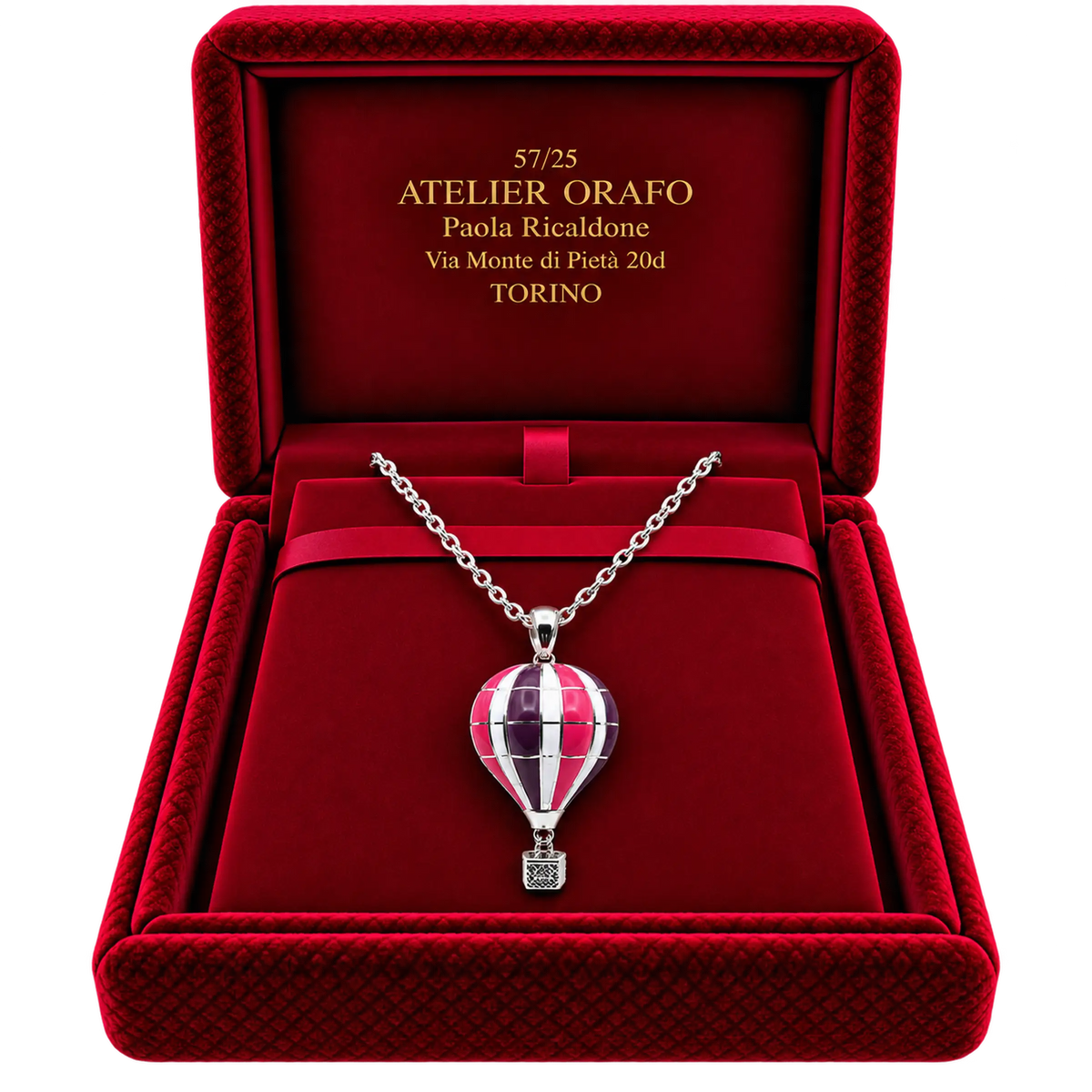 Collana ciondolo Mongolfiera Grande Argento 925 Hyceram Lilla Prugna | Atelier Orafo | scatola