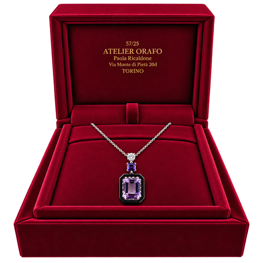 Collana e Ciondolo Argento 925 Ametista Naturale Ottagonale Grande Hyceram | Atelier Orafo | scatola