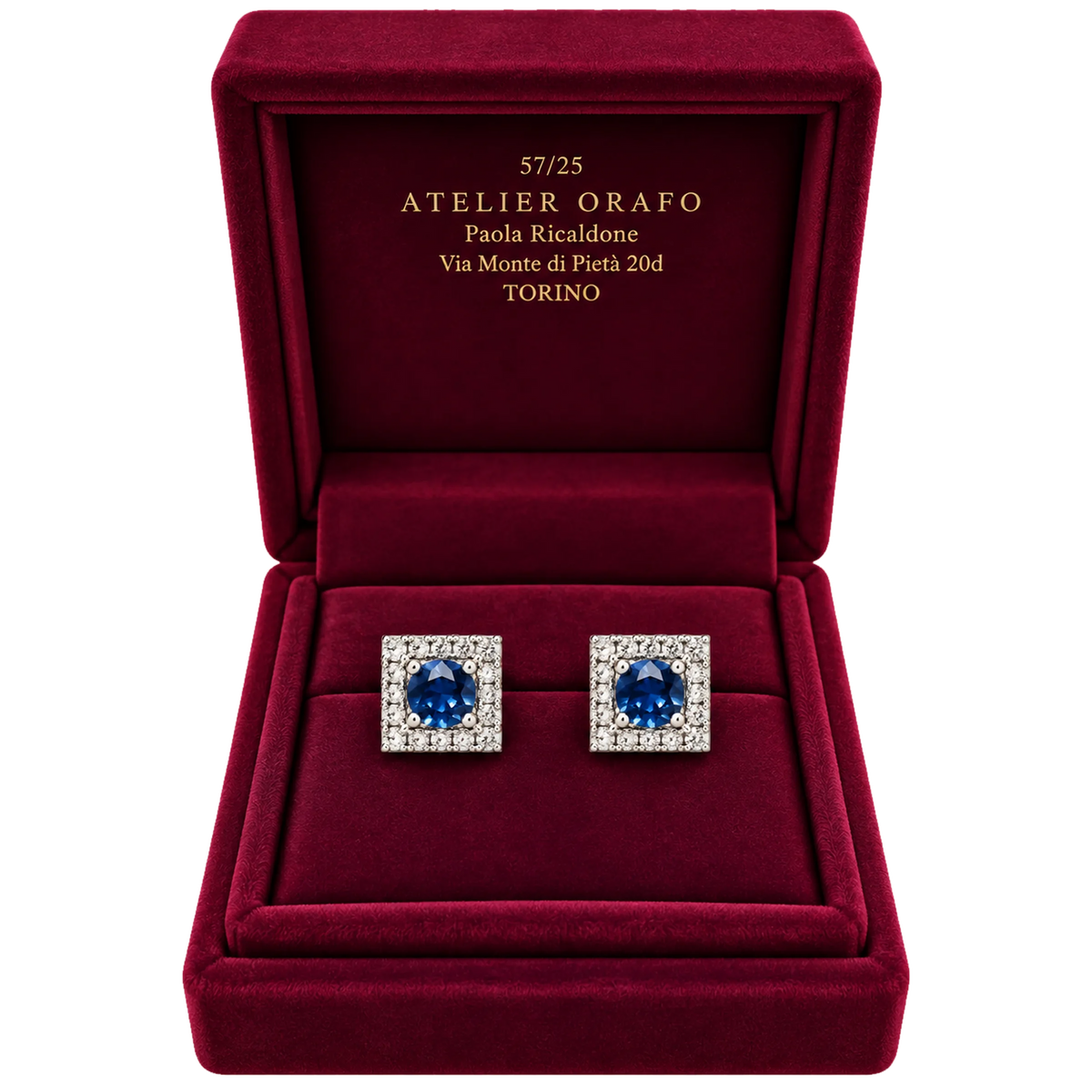 Orecchini Oro Bianco 18kt Diamanti Naturali eT opazio Azzurro con Scatola | Atelier Orafo | scatola