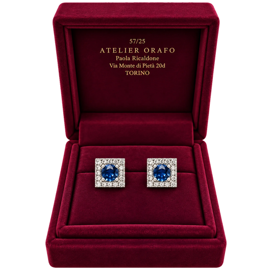 Orecchini Oro Bianco 18kt Diamanti Naturali eT opazio Azzurro con Scatola | Atelier Orafo | scatola