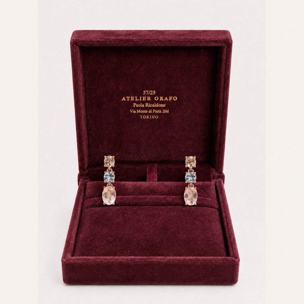 Orecchini Oro Rosa 18kt e Topazi Rosa e Azzurri con Scatola | Atelier Orafo | scatola2